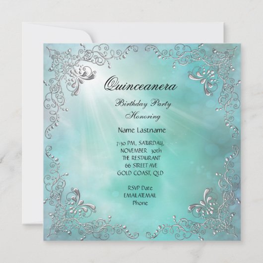 Blauwgroen Quinceanera 15e verjaardag Tiara Masque Kaart (Achterkant)