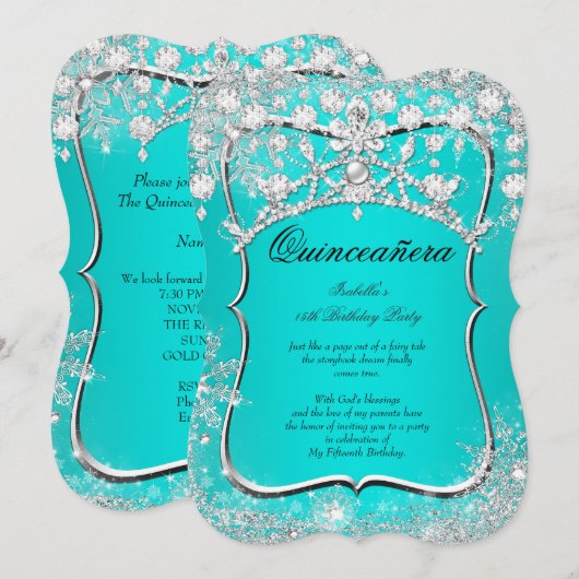 Blauwgroen Quinceanera 15e Winter Wonderland Silve Kaart (Voorkant / Achterkant)