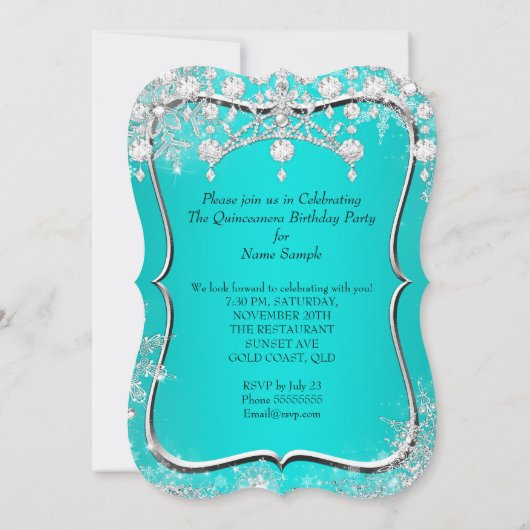 Blauwgroen Quinceanera 15e Winter Wonderland Silve Kaart (Achterkant)