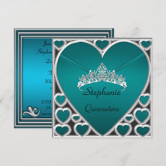 Blauwgroen Quinceañera Birthday Party Kaart (Voorkant / Achterkant)