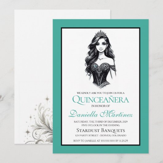 Blauwgroen Quinceañera Meisje Kaart (Voorkant / Achterkant)