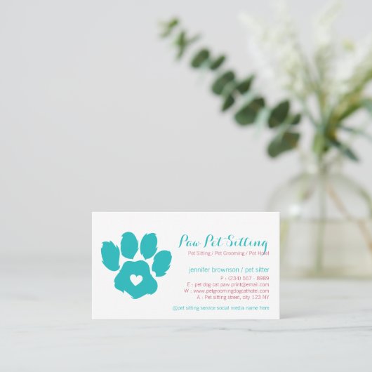 Blauwgroen Red Pet Sitter Social Media Dog Cat Paw Visitekaartje (Staand voorkant)
