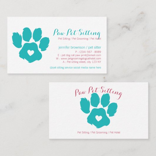 Blauwgroen Red Pet Sitter Social Media Dog Cat Paw Visitekaartje (Voorkant / Achterkant)