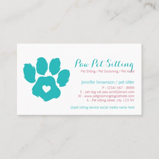 Blauwgroen Red Pet Sitter Social Media Dog Cat Paw Visitekaartje (Voorkant)
