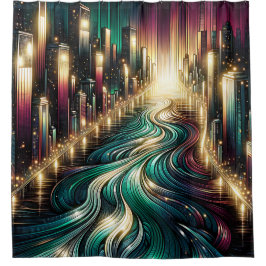 blauwgroen reflecties: levendig stadsbeeld bij nac douchegordijn