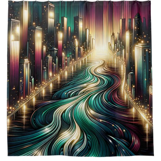 blauwgroen reflecties: levendig stadsbeeld bij nac douchegordijn (Voorkant)