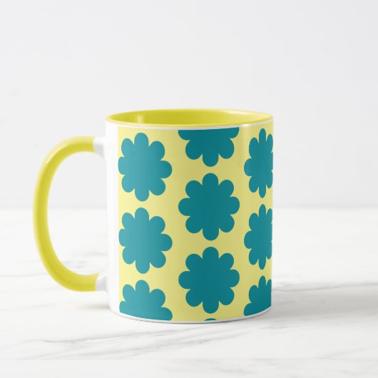 Blauwgroen Retro Flower Art op gele Mok Cup (Links)