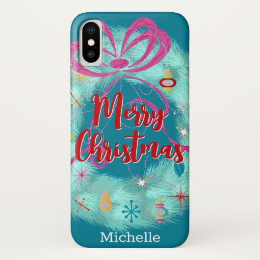 Blauwgroen retro kerstkrans Case-Mate iPhone case (Achterkant)