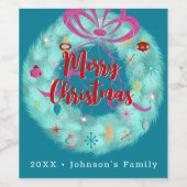 Blauwgroen retro kerstkrans wijn etiket (Enkel label)