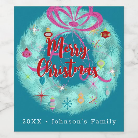 Blauwgroen retro kerstkrans wijn etiket (Enkel label)