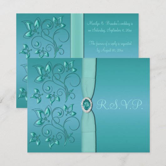 BLAUWGROEN RIBBON, Aqua Floral RSVP-kaart RSVP Kaartje (Voorkant / Achterkant)