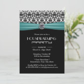 Blauwgroen Ribbon Elegant Damask Housewarming Part Kaart (Staand voorkant)