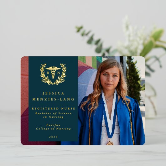 Blauwgroen RN Afstuderen Caduceus Foto Aankondigin Folie Uitnodiging (Staand Voorkant)