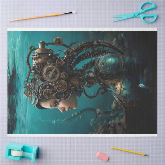 Blauwgroen Robotische Steampunk Meisje Water Werel Tissuepapier (Craft)