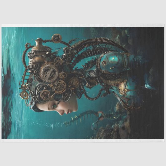 Blauwgroen Robotische Steampunk Meisje Water Werel Tissuepapier (Voorkant)