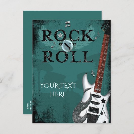 Blauwgroen Rock N Roll Star verjaardagsfeest Uitnodiging Briefkaart (Voorkant / Achterkant)