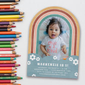 Blauwgroen rode bloemen regenboog Kind verjaardags Kaart