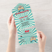 Blauwgroen Rode Circus Tent Birthday Party All In One Uitnodiging (Afscheurbaar)