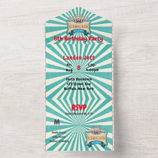 Blauwgroen Rode Circus Tent Birthday Party All In One Uitnodiging (Binnen)