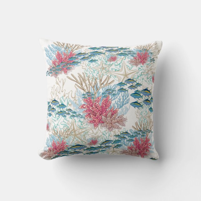 Blauwgroen Rode Koraal Reef Vis Kust Oceaan Beachy Kussen (Voorkant)