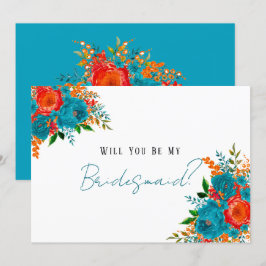 Blauwgroen Rode Oranje Floral word je mijn Bridesm Kaart