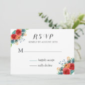 Blauwgroen Rode Oranje Waterverf Rozen Weddenschap Kaart (Staand voorkant)
