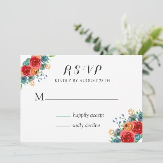 Blauwgroen Rode Oranje Waterverf Rozen Weddenschap Kaart (Staand voorkant)