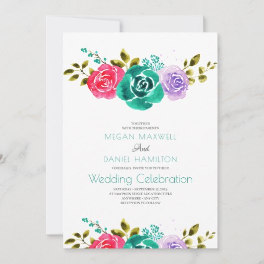Blauwgroen rode Paarse Rozen bloemenbruiloft Kaart (Voorkant)