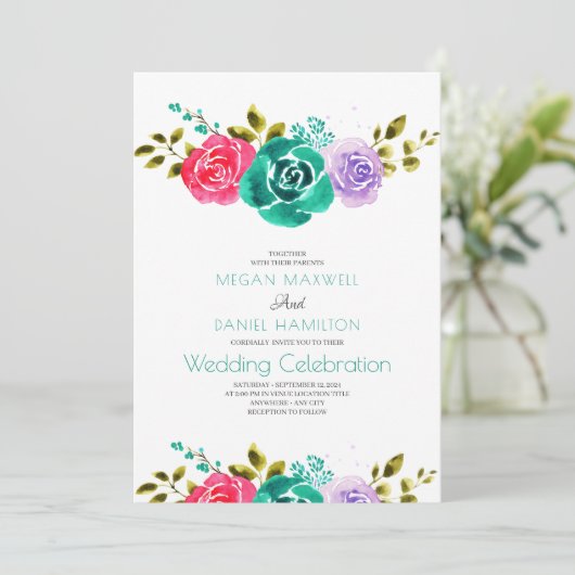 Blauwgroen rode Paarse Rozen bloemenbruiloft Kaart (Staand voorkant)
