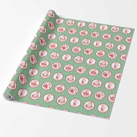Blauwgroen Rode Retro Naughty Santa Christmas Cadeaupapier (Uitgerold)
