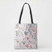 Blauwgroen, rode, roze harten en bloemen Valentijn Tote Bag (Voorkant)
