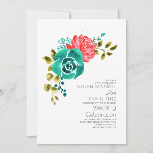 Blauwgroen rode rozen boho bloemenbruiloft kaart (Voorkant)