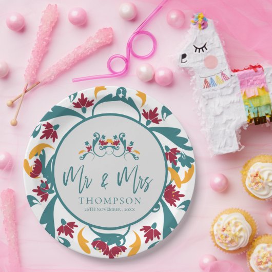 Blauwgroen rode sierlijke Mr. Mrs. Naam Bruiloft P Papieren Bordje (Feest)