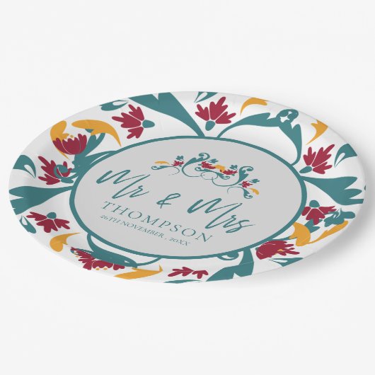 Blauwgroen rode sierlijke Mr. Mrs. Naam Bruiloft P Papieren Bordje (Gekanteld)