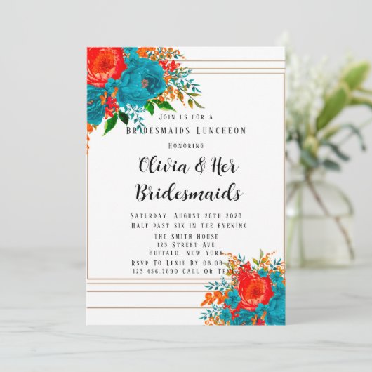 Blauwgroen Rode Sinaasappel Floral Bridesmaids Lun Kaart (Staand voorkant)