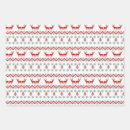 Blauwgroen rode sneeuwvlok rendierpatroon inpakpapier vel