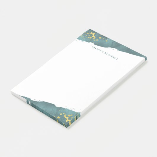 Blauwgroen Romance | Waterverf en goud Post-it® Notes (Schuin)
