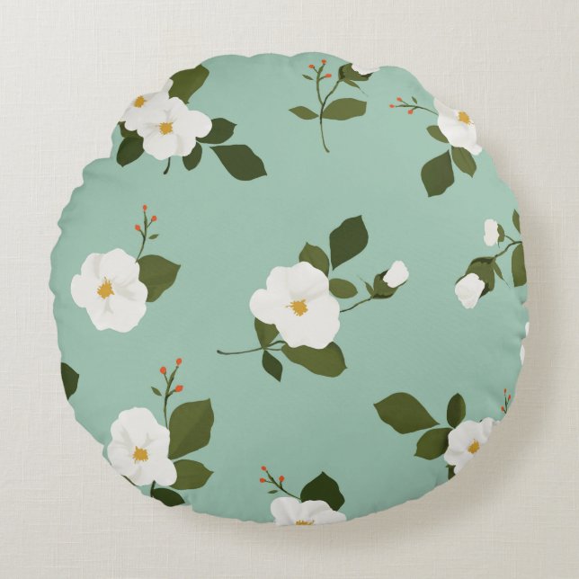 Blauwgroen ronde Floral Accent Pillow Rond Kussen (Voorkant)