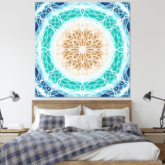 Blauwgroen ronde Ocean Waves Mandala en Turquoise Canvas Afdruk (Insitu (Slaapkamer))