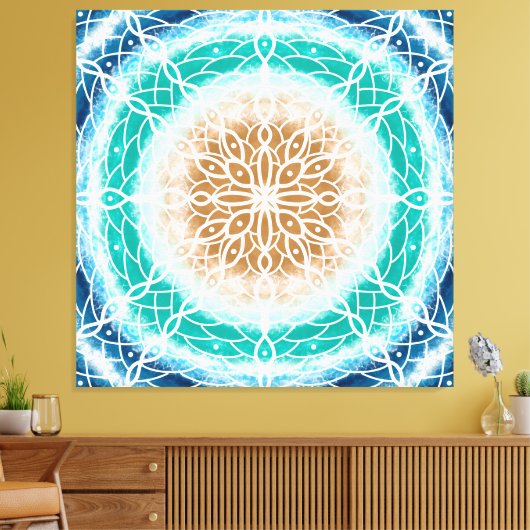 Blauwgroen ronde Ocean Waves Mandala en Turquoise Canvas Afdruk (Insitu (Woonkamer))