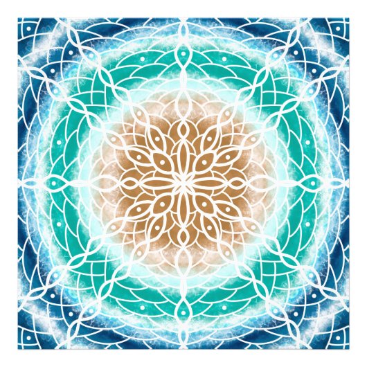 Blauwgroen ronde Ocean Waves Mandala en Turquoise Foto Afdruk (Voorkant)