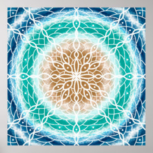Blauwgroen ronde Ocean Waves Mandala en Turquoise Poster