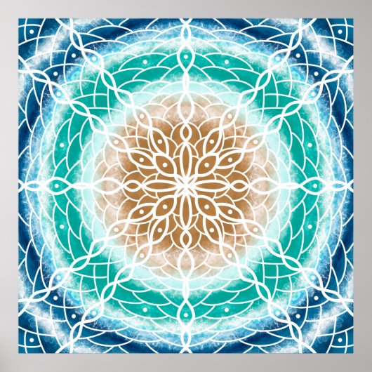 Blauwgroen ronde Ocean Waves Mandala en Turquoise Poster (Voorkant)