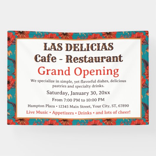 Blauwgroen rood bloemenpatroonrestaurant Grand Ope Spandoek (Horizontaal)