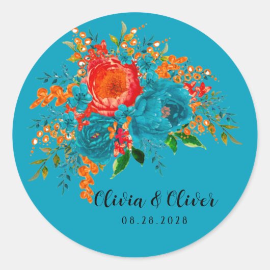 Blauwgroen rood Oranje botanisch huwelijk Ronde Sticker (Voorkant)