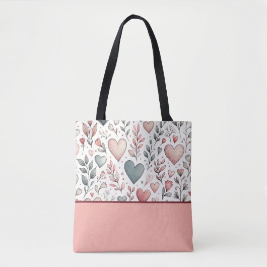 Blauwgroen, rood, roze harten en bloemen, kleurenb tote bag (Voorkant)