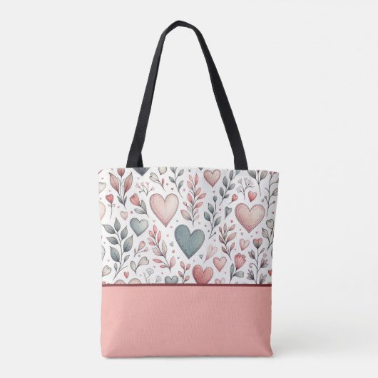 Blauwgroen, rood, roze harten en bloemen, kleurenb tote bag (Achterkant)