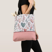 Blauwgroen, rood, roze harten en bloemen, kleurenb tote bag (Dichtbij)