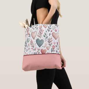 Blauwgroen, rood, roze harten en bloemen, kleurenb tote bag