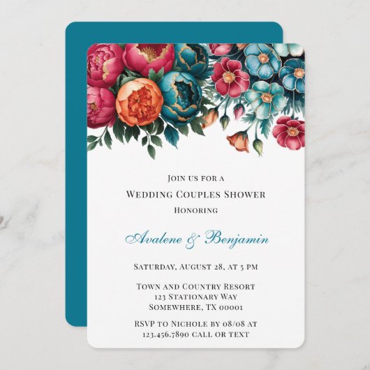 Blauwgroen Rood Sinaasappel Bloemen Goud Trouwkopp Kaart (Voorkant / Achterkant)